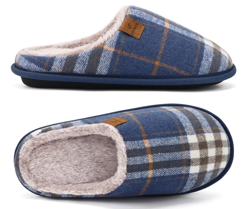 COFACE Mens Blue Flano Plaid Cozy Memory Foam scuff Slippers Slip On Warm House Shoes Indoor/Outdoor With Best Arch Support Size 9 - Image 1
